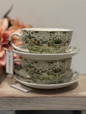 Morris & Co. Strawberry Thief Green Floral Tea Cup & Saucer Set NEW Set Of 2